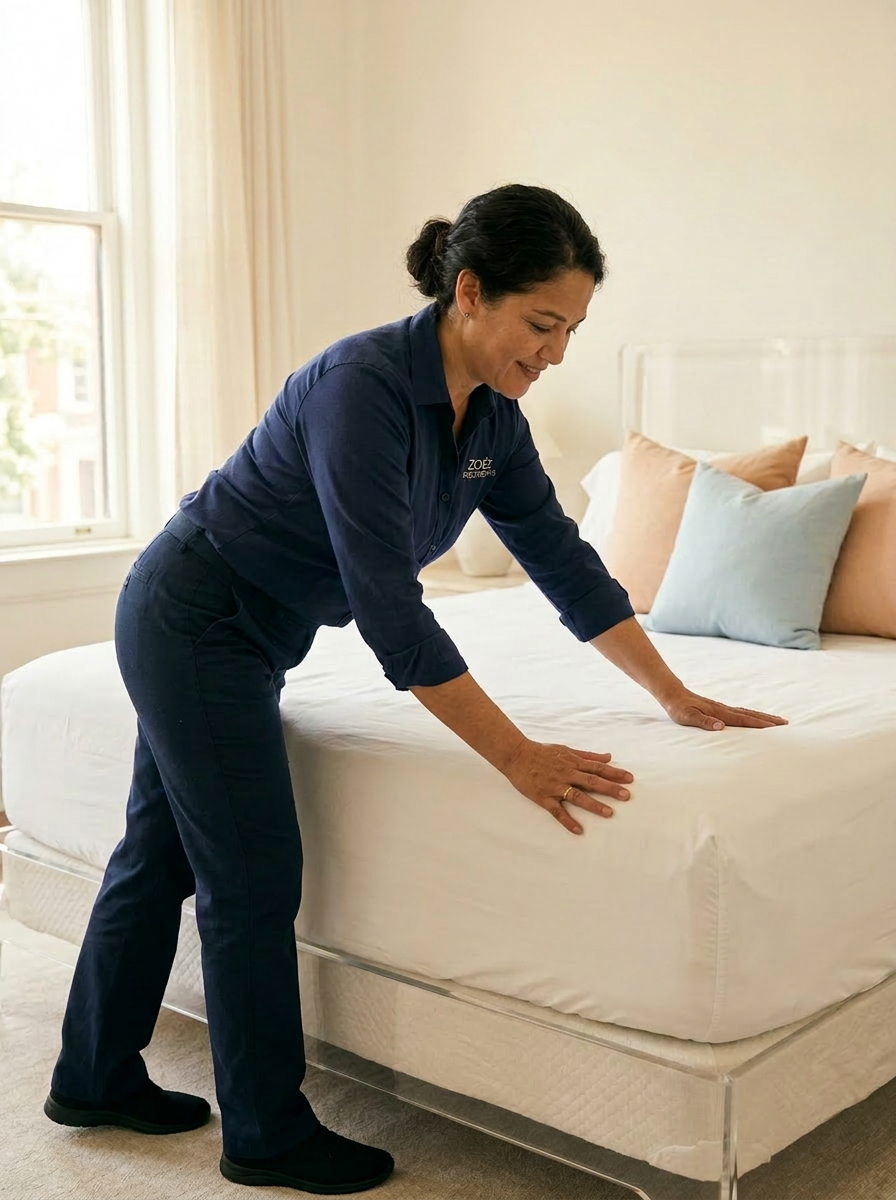 Zoila changing fresh bed linens in a sunlit bedroom